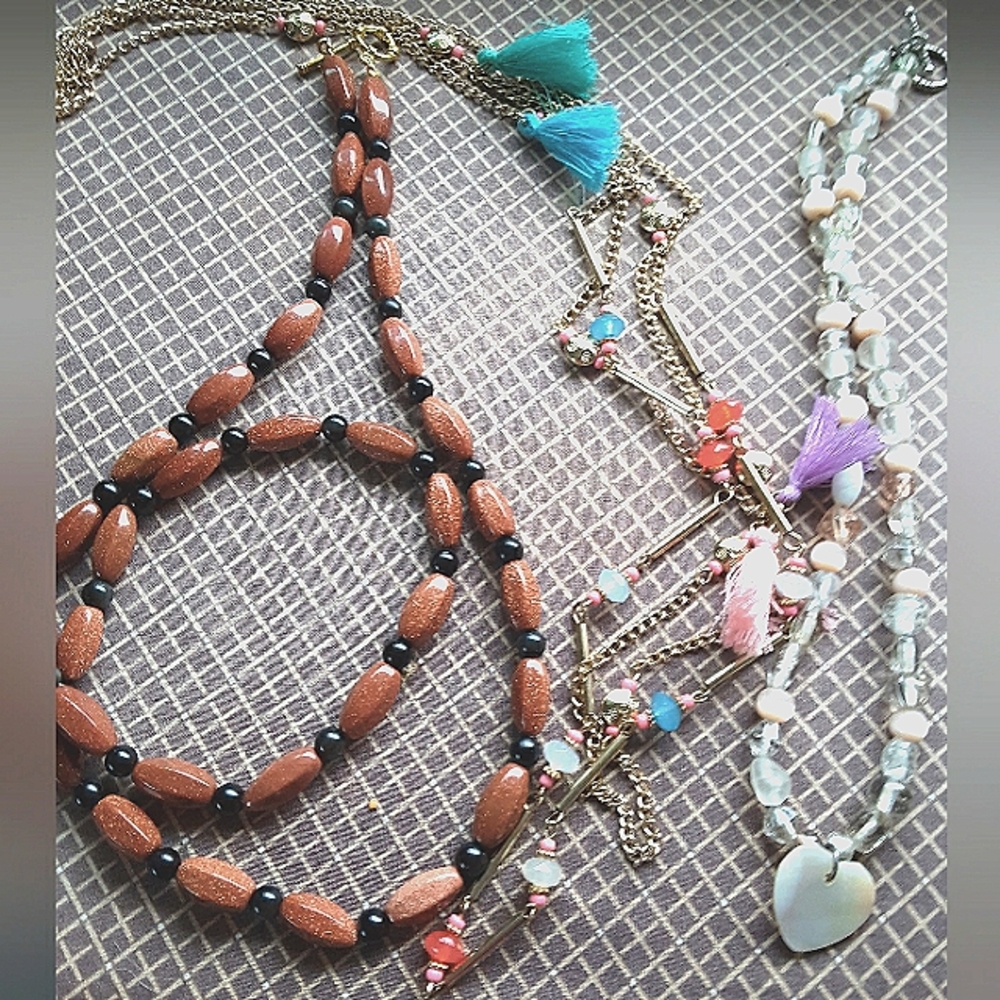 Sun stone Necklace, M. Of pearl Necklace, & Beaded Necklace.